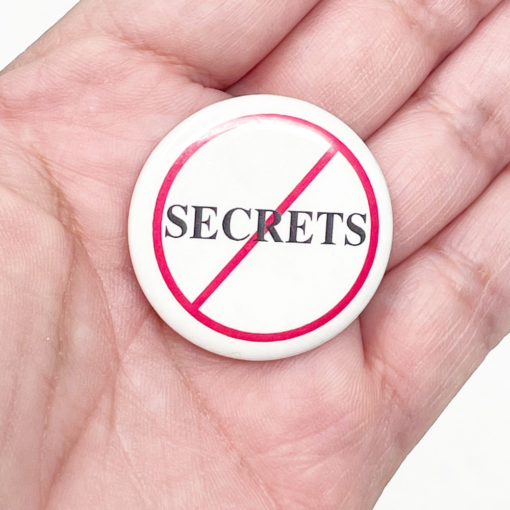 Vintage No Secrets Button Pink 1.25" White Red Graphic Retro Gag Gift Joke Funny